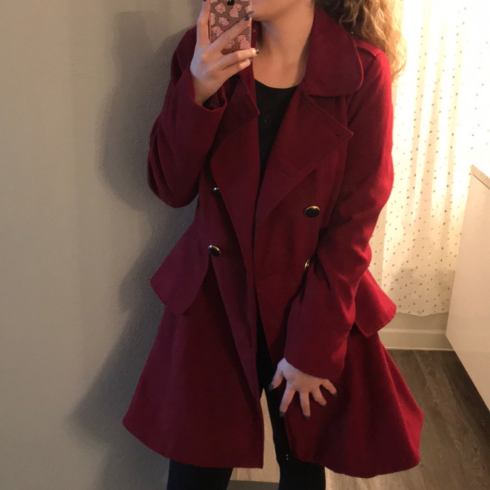 Double breasted long red coat